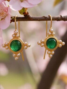 French Retro Emerald and Tiny Faux Pearl Earrings